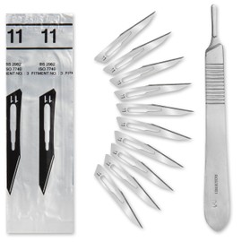 Set of 10 Sterile Scalpel Blades Figure 11 Made of Carbon Steel - Replacement Blades + 1 x Shehadeh - Scalpel Holder - Stainless Steel