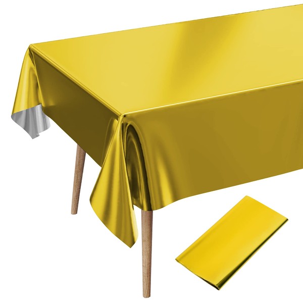 Gold Party Table Cover, 54 X 108 Inch Rectangle Foil Tablecloth, Waterproof & Metallic Plastic Disposable Table Cloth for Wedding Birthday Party Decorations Christmas Baby Shower Indoor or Outdoor