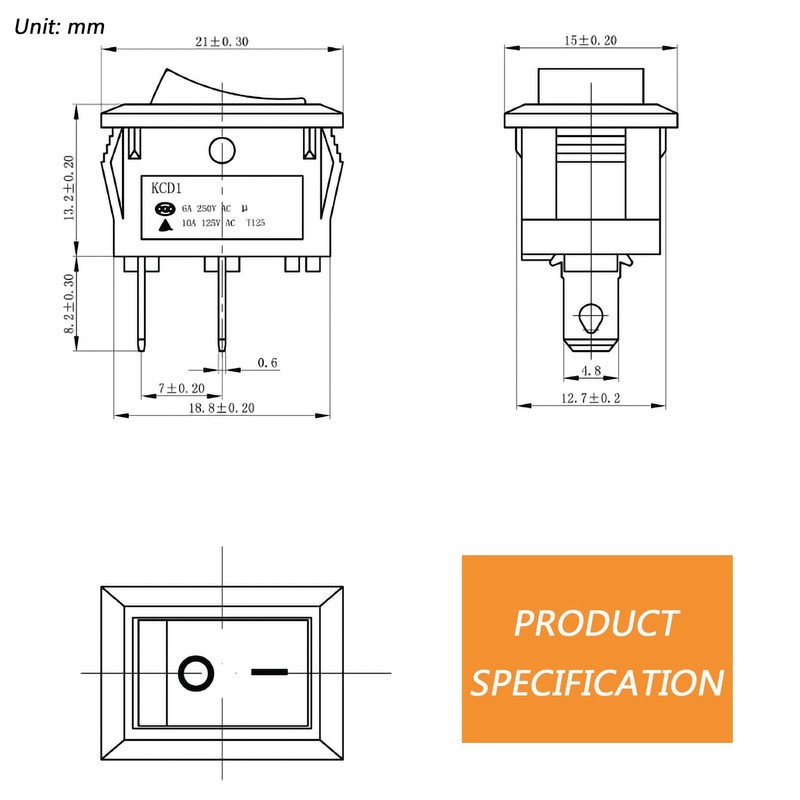 HUAREW Mini Rocker Switch T85 KCD1-101 2 Pin SPST Toggle