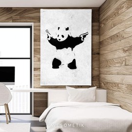 Awesometik" Banksy Graffiti Street Art Canvas Art Wall Art Home Decor (45L x 30W, Panda With Guns)