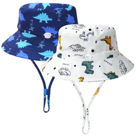 LO SHOKIM 2 Pack Dinosaur Baby Sun Hat Toddler Summer Sun Protection Beach Hat 3-6 Months Baby Wide Brim Bucket Hat UPF 50+ Infant Adjustable Cap (Navy Dinosaur+White Dinosaur, 42-44cm)