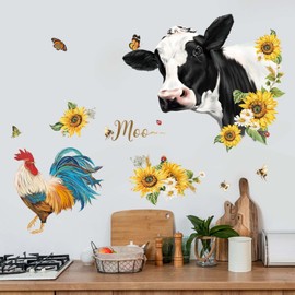 decalmile Farm Animals Cow Wall Stickers Rooster Sunflower Wall Decals Bedroom Living Room TV Wall Home Decor