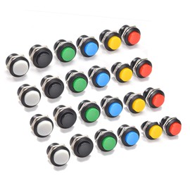 24 piezas de interruptores de botón momentáneo de 16 mm, rojo, verde, amarillo, azul, blanco, negro, 3 A, 250 V CA, interruptor redondo mini autoajustable de 2 pines