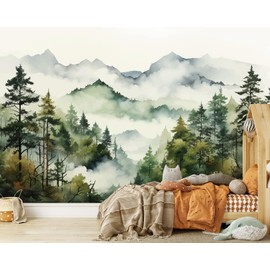 Watercolor Forest Mountain Mural Wallpaper, Foggy Tree Ink Wall Mural, Natural Mural, Misty Abstract Botanical Wallpaper for Living Room Bedroom Dinning Room141 x96(Not Peel and Stick)