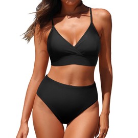 Tempt Me Women Black Two Piece Swimsuits High Waisted Bikini Set Push Up Full Coverage Bottoms Bathing Suit S