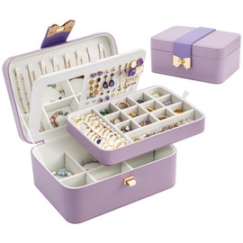 Lolalet 2 Layer Jewelry Box for Teen Girls & Young Women, Jewelry Organizer Case with Bow Clasp and Mirror for Earrings Rings Necklaces Storage, Gift Idea -Purple
