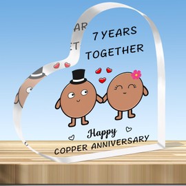 JMIMO 7th Wedding Anniversary Plaque Gifts 7 Years Together - Happy Copper Anniversary Heart Shaped Acrylic Plaque for Couple Wife Husband