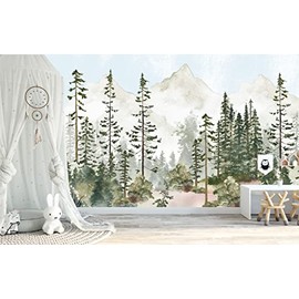 Watercolor Pine Tree Forest Mountains Peel and Stick Wallpaper Self Adhesive Nursery Décor Fabric Woodland Decal - Custom Sizes Mural #3195 (12" H x 12" W Sample, Blue Sky)