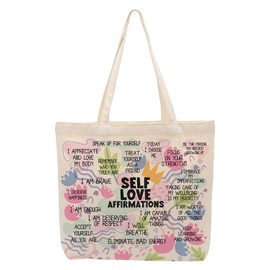 Self Love Daily Affirmations for Women, Inspirational Canvas Tote Bag Positive Affirmations Shopping Beach Work Reusable Grocery Bags with Pocket Christmas Encouragement Gifts for Women Counselor