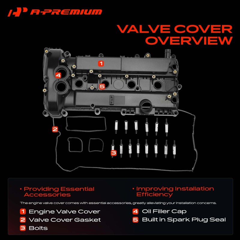 A-Premium Engine Valve Cover with Gasket, Spark Plug Seals &