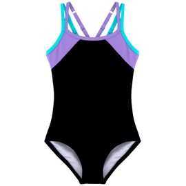 Belovance - Traje de baño de una pieza para niñas, con correas ajustables, recortadas en la espalda, atletismo, para niños, traje de baño de 5 a 14 años, Negro púrpura, 5-6 Años