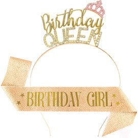 2Pcs Queen Birthday Crown & Sash Rhinestone Tiara for Women Funny Metal Headband for Women Girls