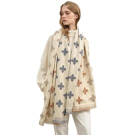 TZ Promise Women's Fringed Shawl Scarf Lucky Clover Winter Cashmere Feel Warm Wrap Stole (Ivory Cream-Clover)