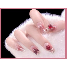 Nail art patches, press-on fake nails, beautiful and fashionable nail patches, finger decorations, beauty decoration supplies, handmade nail patches, diamond glitter long nail patches, finished jelly glue (rose color, generic)