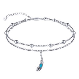 925 Sterling Silver Feather Anklet Bracelet - Created Turquoise Summer Beach Ankle Bracelets - Dainty Layered Foot Chain for Women