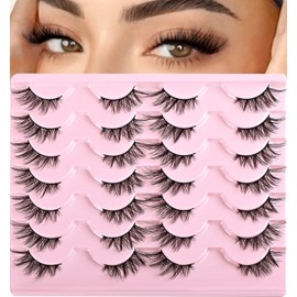QUNETY Half Lashes False Half Eyelashes Cateye Wispy Lash Natural Look 14 Pairs Fake Eyelash Strips 8-15mm 3D Fluffy Lashes Pack for Women