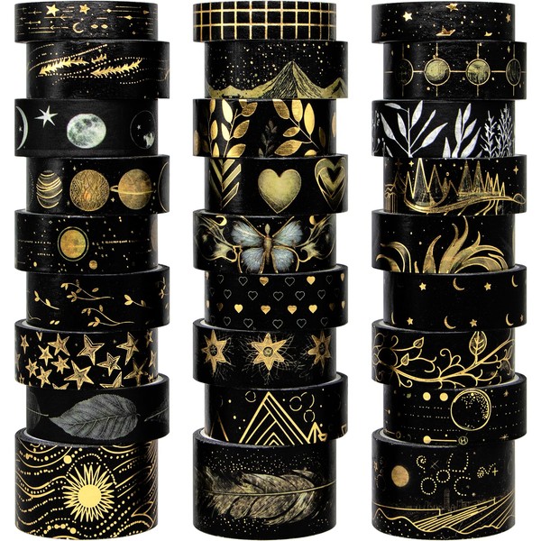 Black Washi Tape Set, 27 Rolls Black Gold Foil Decorative Masking Tape for Bullet Journaling, Scrapbooking Supplies, Watercolor Painting