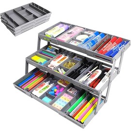 3-Tier Expandable Drawer Organizer - Multi-Level Folding Smart Drawer for Makeup, Jewelry, Desk, Office - 1 Row 3 Tier - Grey