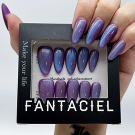 FANTACIEL 10 PCS Handemade Press On Nails Cat Eye Design Acrylic Nails Reusable Almond Fake Nails Rainbow 4 Almond L