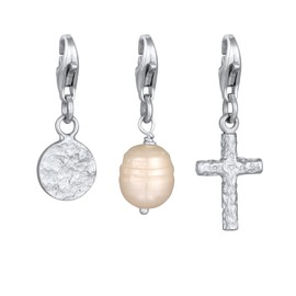 Kuzzoi Charm Pendant Cross Freshwater Pearl Plate Symbol 925 Sterling Silver Charms Charm Bracelet Pendant Set with Lobster Clasp Compatible with Bracelets and Necklaces, Sterling Silver Pearl