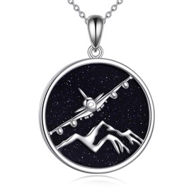 POPLYKE Sterling Silver Airplane Mountain Pendant Necklace for Women Airplane Lovers Aircraft Plane Blue Sandstone Jewelry Air Force Gift