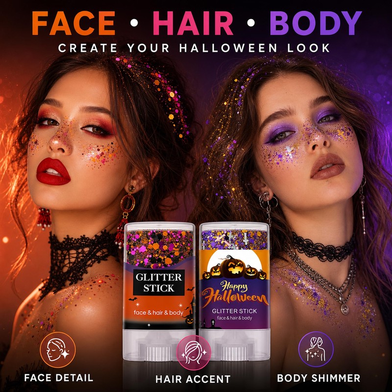 Halloween Glitter Stick Duo, Orange Pink and Purple Gold