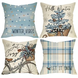 Fjfz Hello Winter Vibes Bike Decorative Throw Pillow Covers 20 x 20 Set of 4, Get Cozy Bicycle Christmas Tree Porch Outdoor Home Decor, Let It Snow Blue Plaid Polka Dot Farmhouse Couch Cushion Case