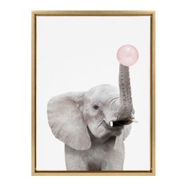 Kate and Laurel Sylvie Bubble Gum Elephant Framed Canvas Wall Art by Amy Peterson Art Studio, 18x24 Gold, Cute Whimsical Animal Art for Wall