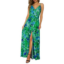 Newshows Women's 2025 Summer Maxi Dress Spaghetti Strap Spring Casual V Neck Split Beach Long Flowy Wedding Guest Dresses Semi Formal Dresses Trendy((Blue Green Abstract, X-Large)