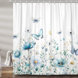 Teal Rustic Floral Shower Curtain, Cute Boho Botanical Flower Butterfly Aesthetic Fabric Shower Curtains Set for Bathroom Decorative, Blue Green Girly Restroom Decor Accessories with Hooks 72X72 Inch