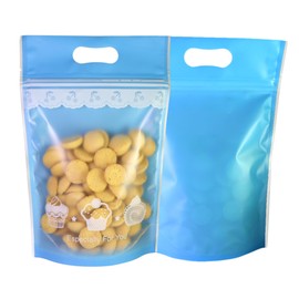 Frosted Window Blue Bakery Carry-Out Handle Resealable Bags for Baked Goods, Cookies, Pastry, Sweet Treats for Small Business, Bake Sales, Pop Up Shop 5.91 inch x 9.45 inch (50)