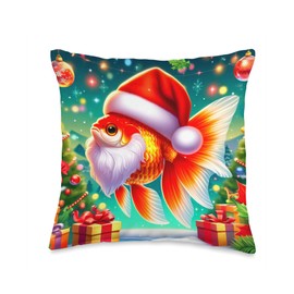 Christmas Oranda Goldfish Santa Fancy Goldfish Lovers Art Throw Pillow