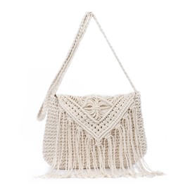 EVEOUT Handgewebte Baumwolle Stroh Umhängetasche Häkeln Quastenbeutel Strand Böhmische Geldbörse für Frauen Mädchen