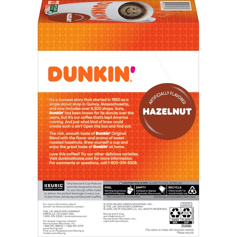 Dunkin' Hazelnut Flavored Coffee, 88 K Cups for Keurig Coffee
