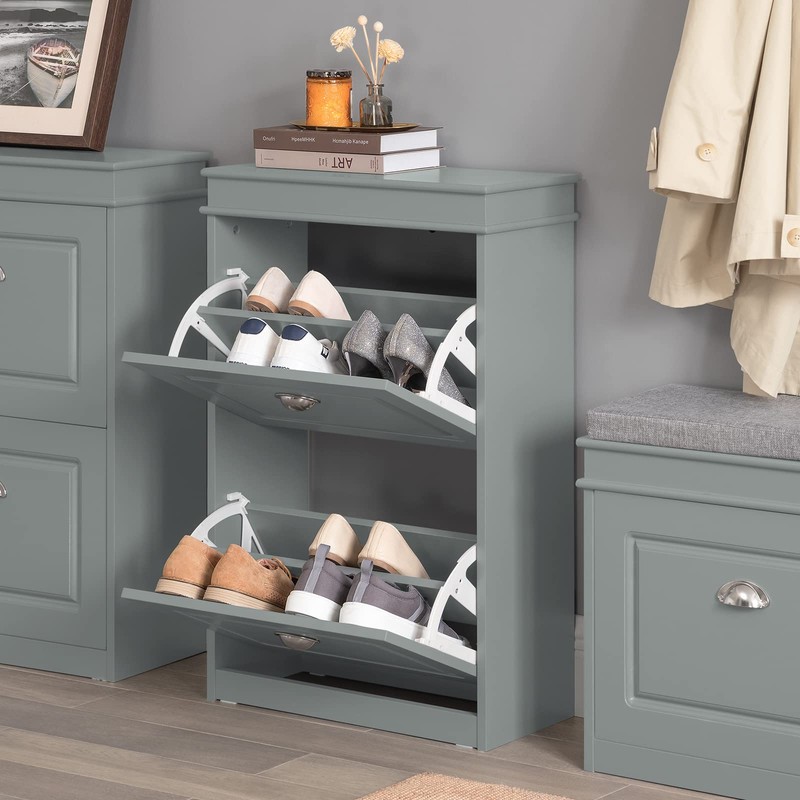 Haotian Small Shoe Cabinet, Grey 2 Flip Drawers Freestanding Shoe