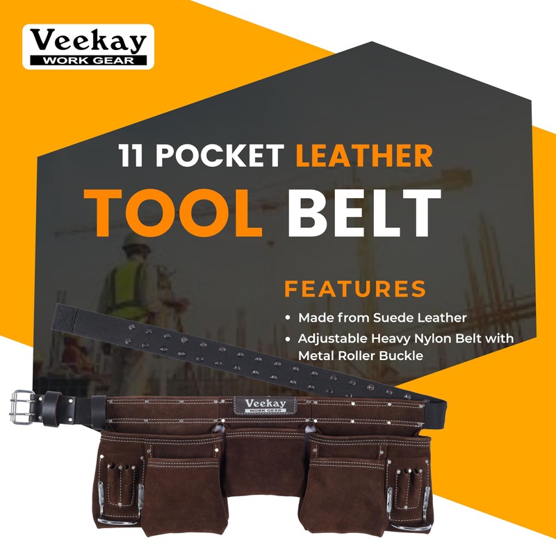 VEEKAY Brown Leather Tool Belt 11 Pocket Suede with 2-Inch