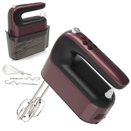 Yomelo 9-Speed Digital Hand Mixer Electric, 400W Powerful DC Motor, Baking Mixer Handheld with Snap-On Storage Case, 5 Stainless Steel Accessories, Flat Beaters, Dough Hooks, Whisk (Grape Purple)