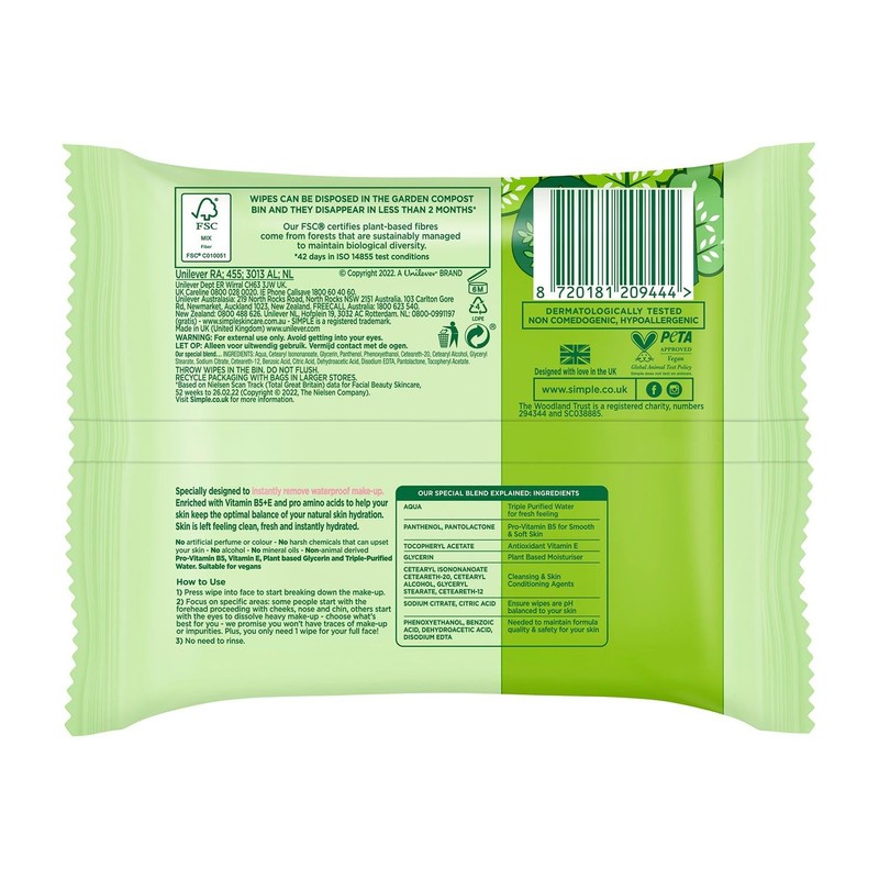 Simple Kind to Skin Cleansing Facial Wipes (25 packs) /