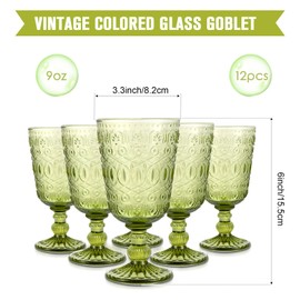 Eaasty Wine Glasses Set of 12 Vintage Goblet 9 oz Vintage Colored Glass Goblet Beverage Stemmed Glass Cups Romantic Embossed Glassware for Wedding Party Holidays Anniversary (Green)