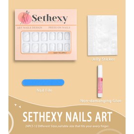 Sethexy Short Square Nails for Sticking, Shiny Pure Colour, Press on Nails, 24 Pieces, Acrylic False Nails for Women and Girls
