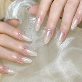 30Pcs Medium Length Press On Nails - Pink Gradient with Rhinestones Stiletto Design, Coffin False Nails Gel Glue on Nails, Fit Perfectly & Natural Reusable Stick on Nails False Nude Almond for Women