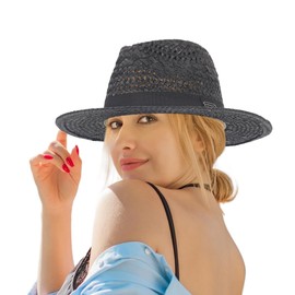 Ruphedy Straw Fedora Sun Hat for Men Women Wide Brim Panama Beach Hats UPF 50+（Black-M）