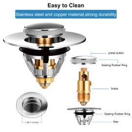 Pop-up Drain Plug Universal Stainless Steel Rebound Core Push Type Drain Fitting Strainer with 2 Seals for Between 32 ~ 38 mm Bathroom Kitchen Sink Drain Accessories (1 Piece)