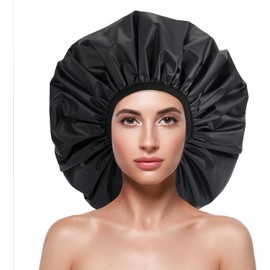 Atudew Gorro de ducha extra grande, gorro de ducha de plástico EVA para mujer, reutilizable, impermeable, gorro de pelo para baño, gorro de ducha para hombres, gorro de ducha jumbo para mujeres, trenzas de pelo largo rizado (XL, negro)