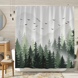 Green Misty Forest Shower Curtain, Foggy Mountain Shower Curtain, Nature Sage Green Pine Tree Smokey Scenery Landscape Natural Woodland Bathroom Decor, Fabric Bath Curtain 72x72 Inch with Hooks