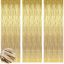 Onezebra 3 Pack 3.2ft x 8.3ft Metallic Tinsel Curtains, Foil Fringe Curtain, Foil Curtain, Glitter Backdrop for Party Supplies, Rose Gold Streamers for Door, Window Decoration (Champagne Gold)