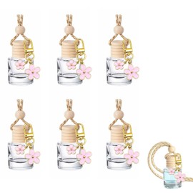 6 Pcs 8ml Hanging Car Diffuser Bottle,With Cherry Pendant, Refillable Clear Glass Aroma Diffuser With Wooden Cap & String, Long-Lasting Scent, Odor Eliminator For Car, Home & Office (Pink Daisy)