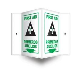 Accuform SBPSP655 Spanish Bilingual Projection Sign 3D, "First AID/PRIMEROS AUXILIOS (Arrow)", 12" x 9" Panel, 0.10" Thick High-Impact Plastic, Green/Black on White