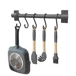 FuninCrea Kitchen Rail Pan Hanger, 30cm Aluminum Kitchen Utensil Rail with 5 Movable Hooks, Wall Mounted Utensil Rack Organizer Multipurpose Hanging Rod for Spoon, Fork, Towel, Gloves (Grey)