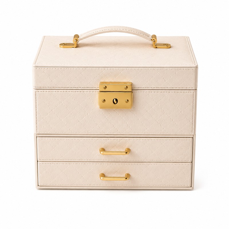 White Leather Jewelry Storage Box with Three Layers and Removable